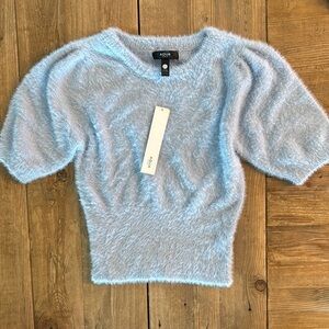 Aqua Blue Crew Neck Top with Puff Sleeves